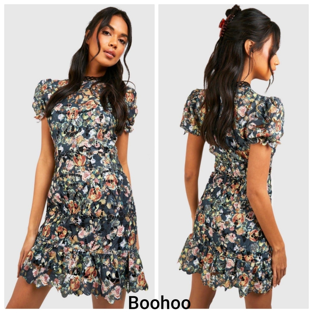 Nwot Boohoo Crochet Cutout Floral Lace Puff Sleeve Dress